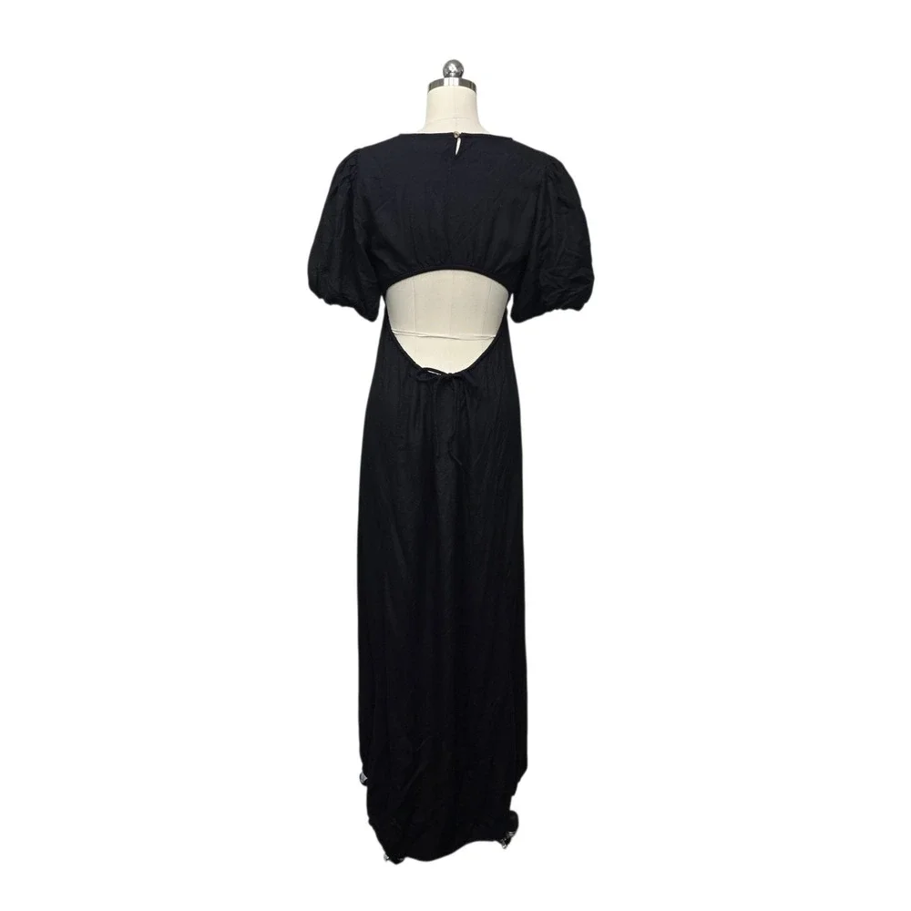 Beach Riot Black Viscose Linen Open Back Puff Sleeve Maxi Dress Size Medium